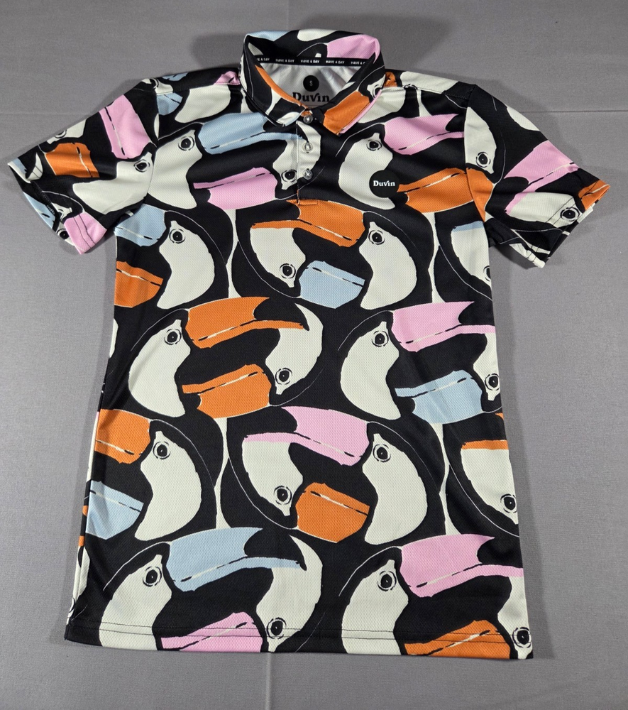 Duvin Button Up Shirt Mens Small Toucan Bird Print Stretch Short Sleeve
