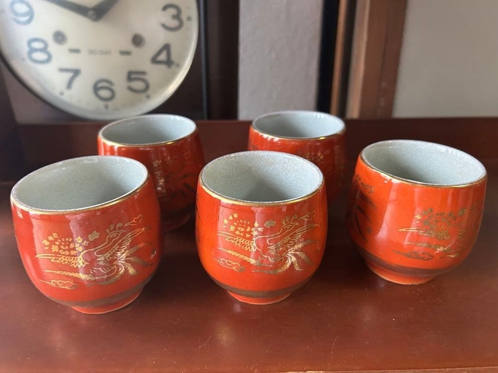 Kutani Phoenix Set of 5 Antique Japanese Porcelain Kutani Ware Art Collectible