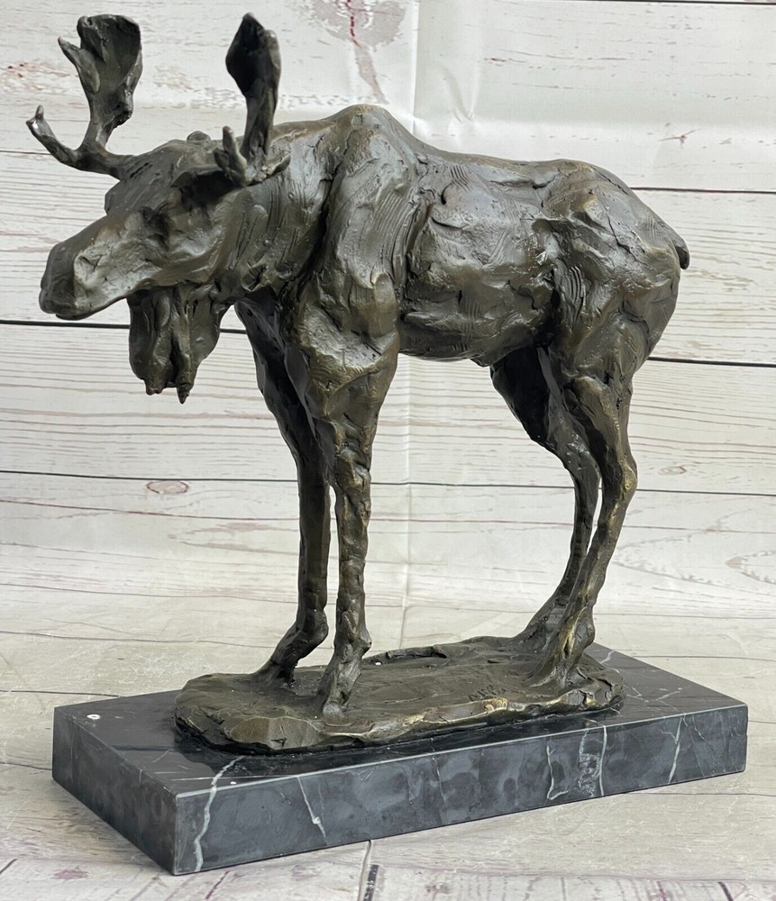 12-Inch Bronze Marble Bull Moose Lodge Statue Art Deco Museum-Quality Sculpture