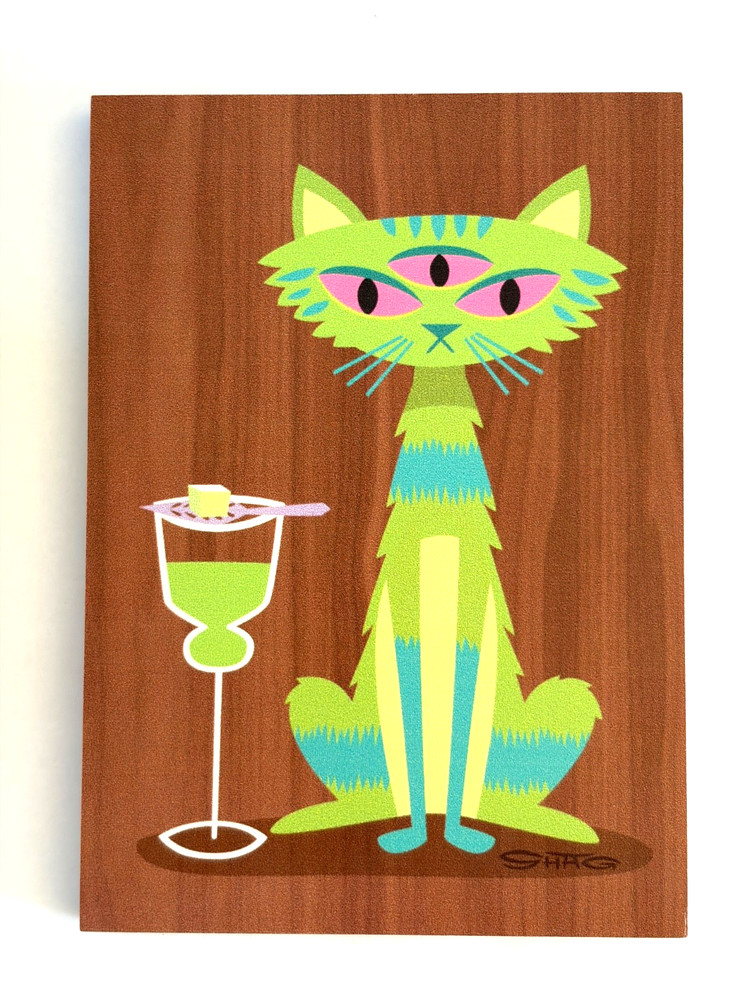 NEW 2025 SHAG Intoxicats Cats with Cocktails Fine Art Print on Wood - ABSINTHE-image