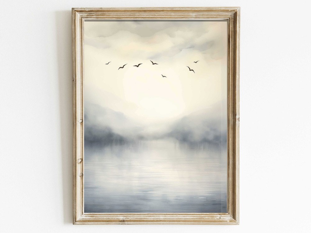 Abstract Lake Birds Wall Art Abstract Nature Print Watercolor Landscape