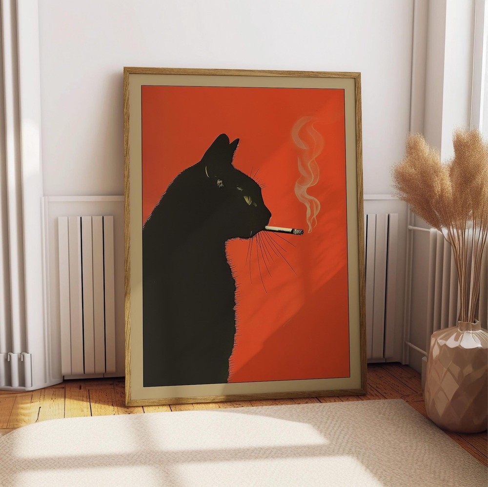 Vintage Black Cat Smoking Poster – RεtrØ Funny Animal Wall Art