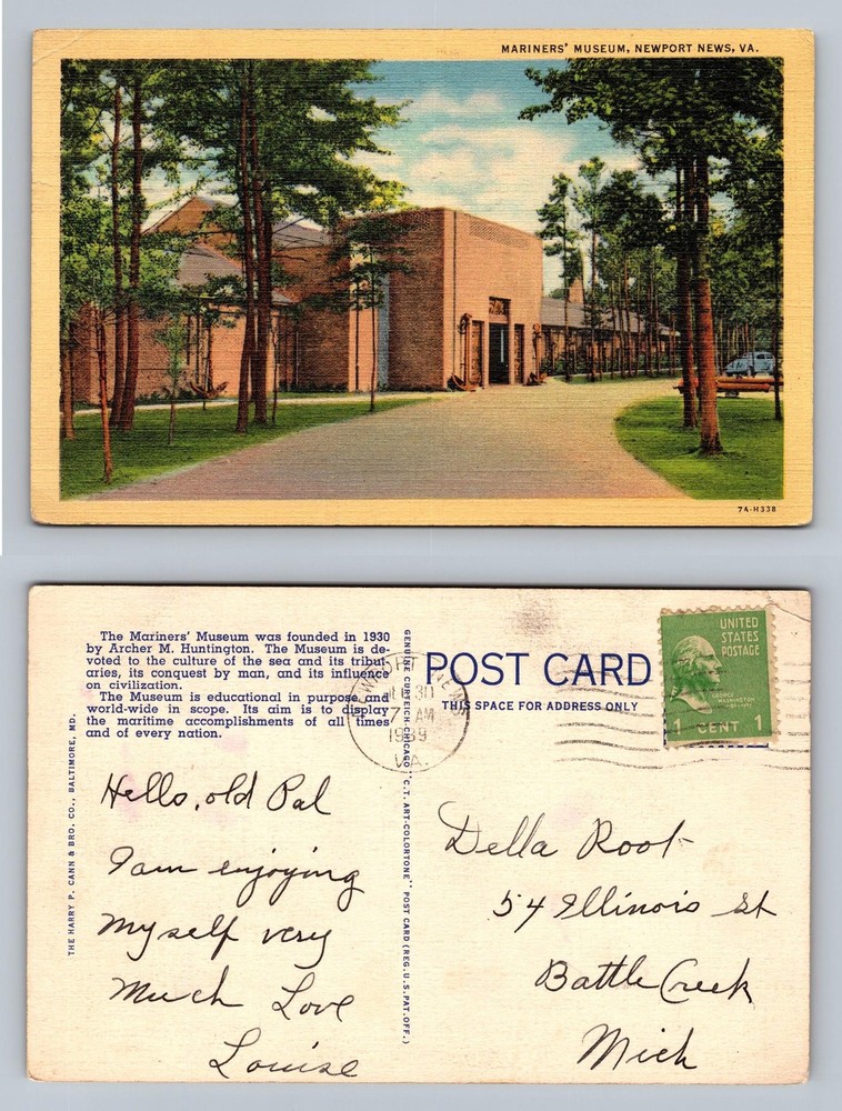 Newport News, VA-Virginia, Mariners' Museum Scene View c1949 Vintage Postcard