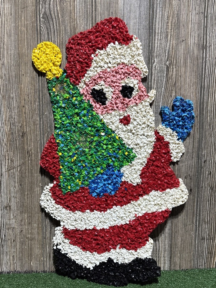 Santa Claus Vintage Christmas Melted Plastic Popcorn w/ Tree Decoration 19”