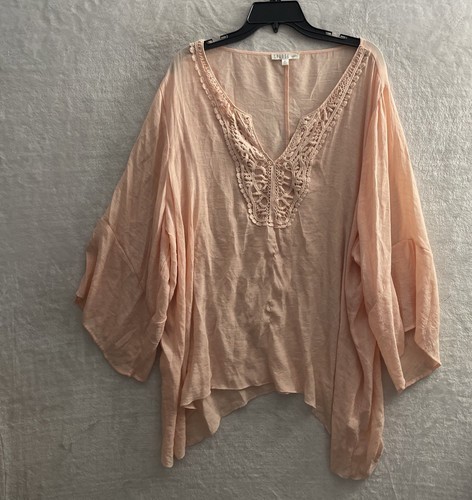 Spense Women's 3X Cover Up Sheer Lace Trim Tunic Blouse 3/4 Sleeve  Gauze Peach