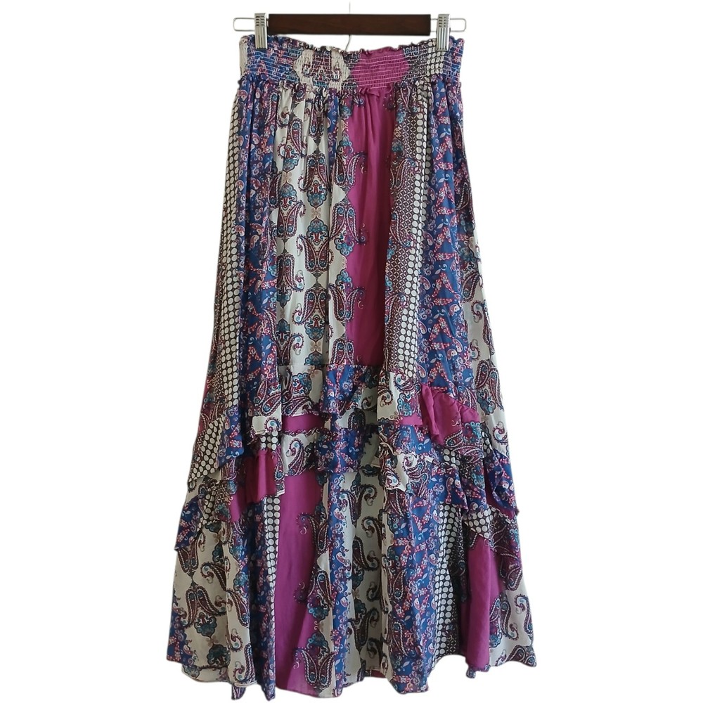 Reba Ruffled Lined Smocked Maxi Skirt Women’s S Full Cotton Paisley Cottage Boho