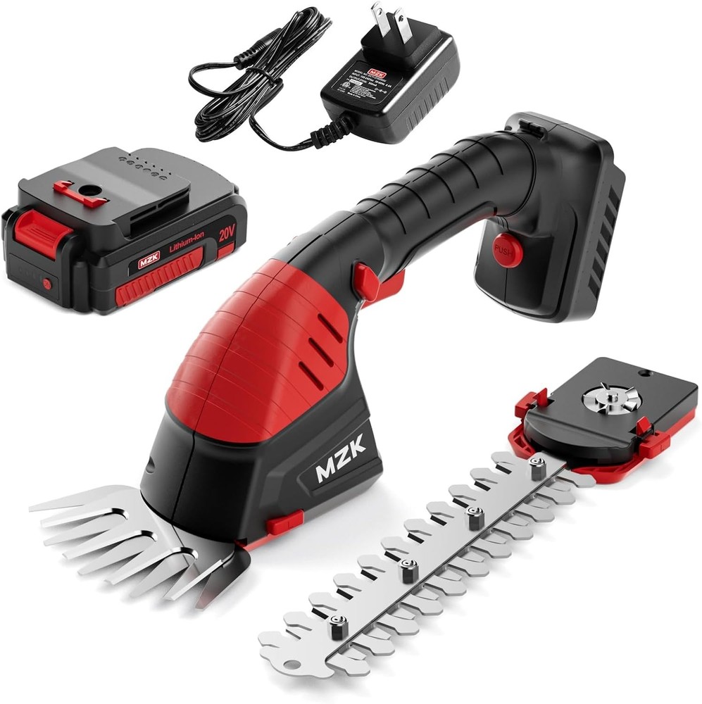 20V Cordless Hedge Trimmer by MZK - 8-Inch Electric Shrub Cutter in Black & Red