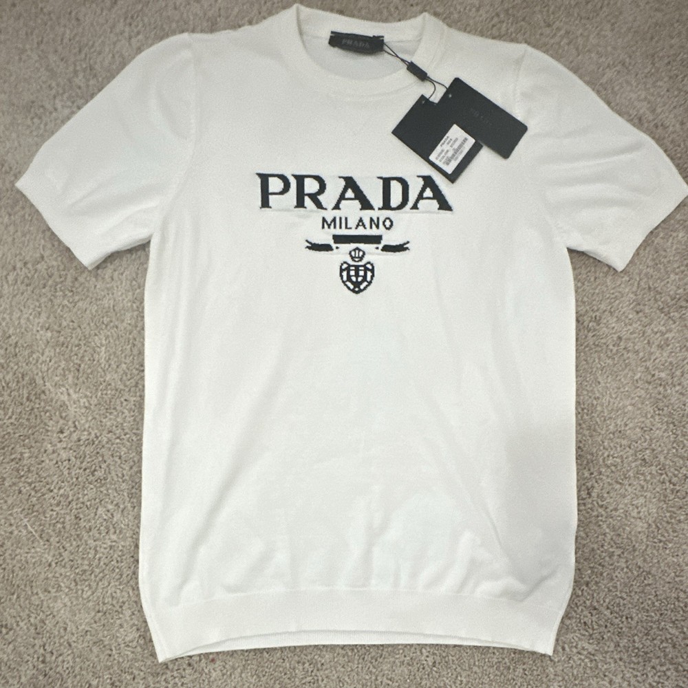 PRADA Milano Men’s S White Logo Crew Neck Short Sleeve T-Shirt