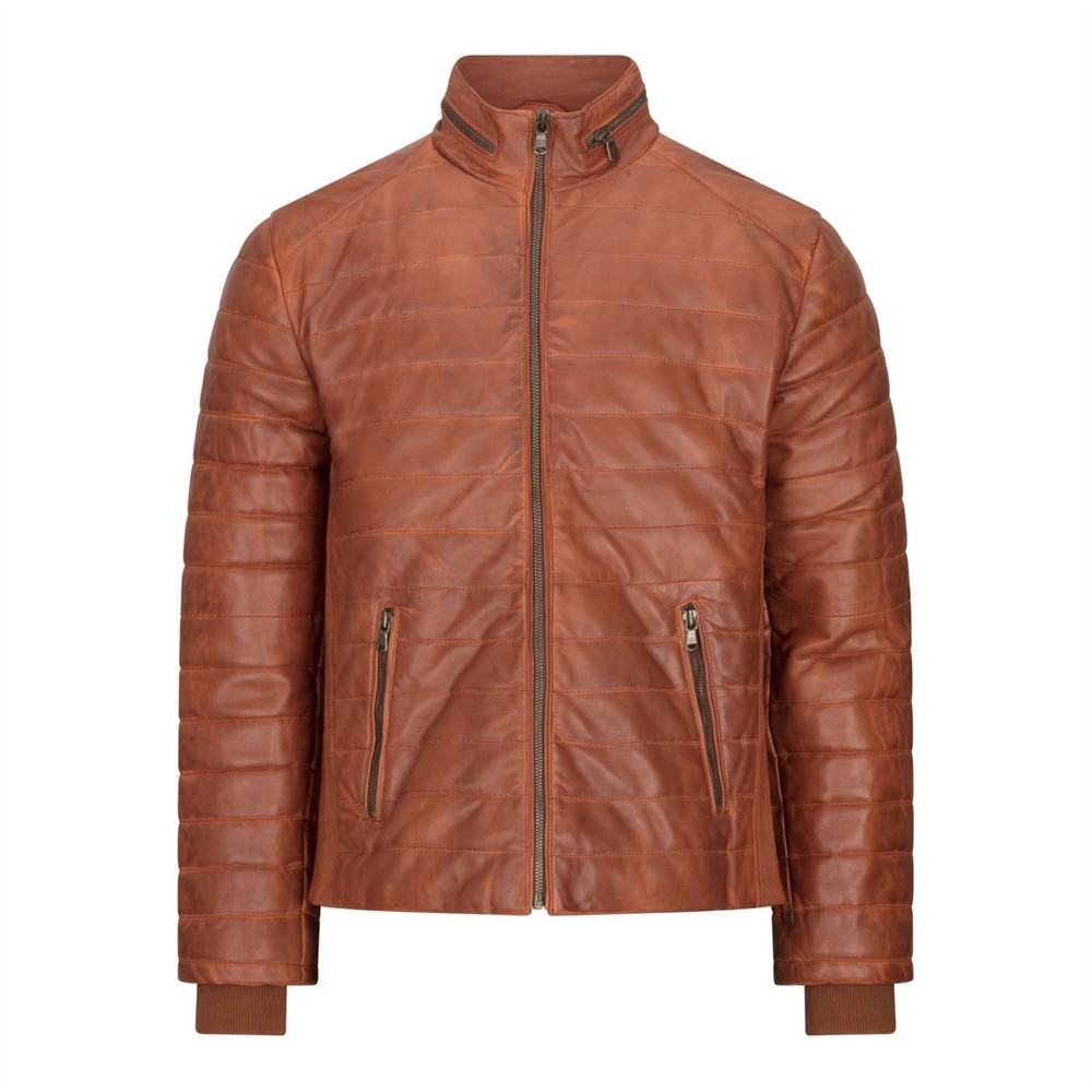 Men's Real Leather Puffer Jacket Black Zipped Biker Casual Coat