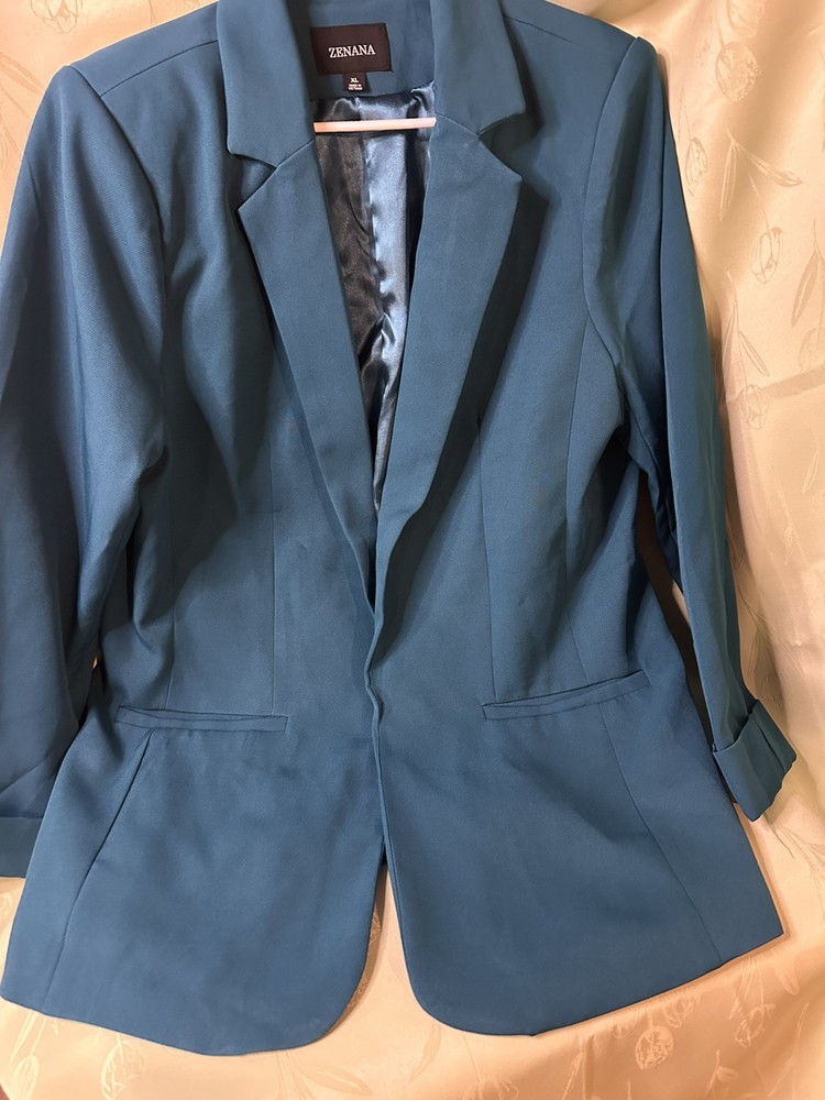 Zenana Women's Teal Blazer Jacket Open Front Pockets Cuffed Sleeve Size XL EUC!