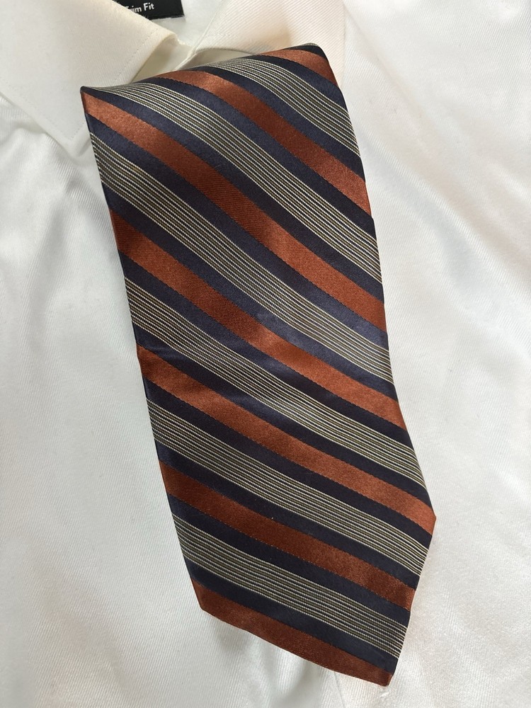 Calvin Klein 100% Silk Men's Tie Burnt Orange Diagonal Stripe 3.5 Width 60 L
