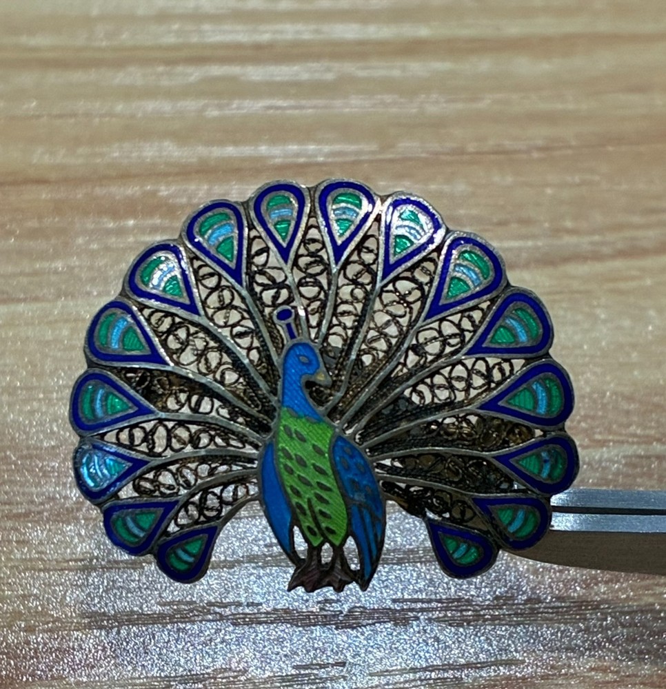 Vintage Topazio Portugal 925 Sterling Silver Filigree Enamel Peacock Brooch Pin