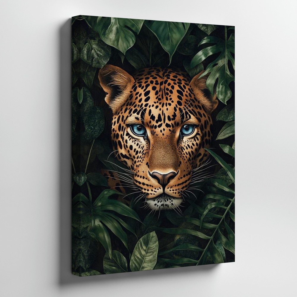 Leopard With Blue Eyes Jungle Leaves Canvas Wall Art Wildlife Decor Print
