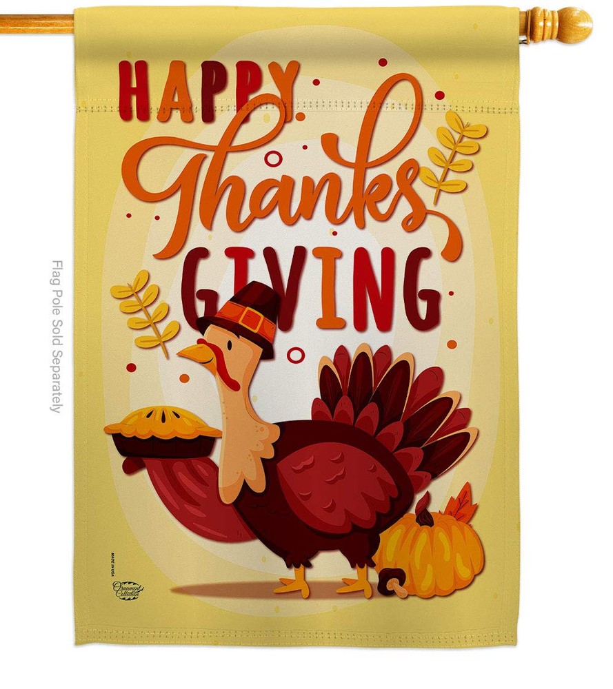 Happy Thanksgiving Fall House Flag with Turkey Pumpkin Give Thanks Design  