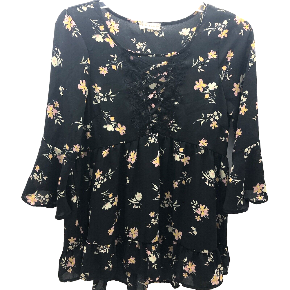 Altar' d State Blouse Womens Small Black Floral 3/4 Bell Sleeves ribbon keyhole
