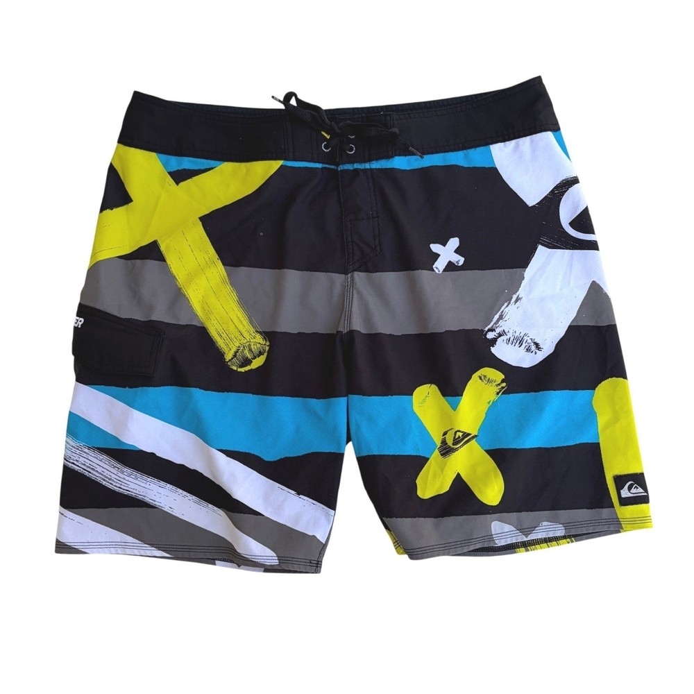 Quiksilver Mens Board Shorts Black Blue Yellow Abstract Graphic Swim Trunks 38-image