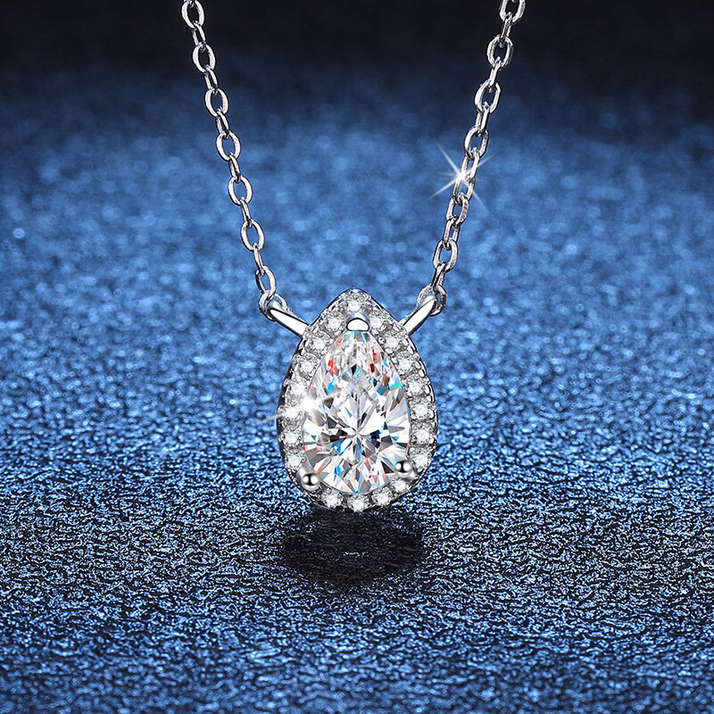1-2CT Real Certified Moissanite Droplet Pendant Necklace Women 925 Solid Silver