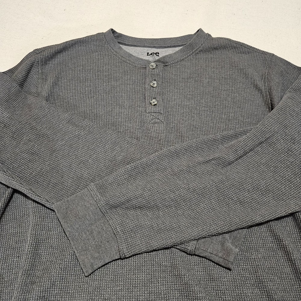 Lee Mens Gray Waffle Knit Thermal Long Sleeve Shirt 3 Button Henley Size Large