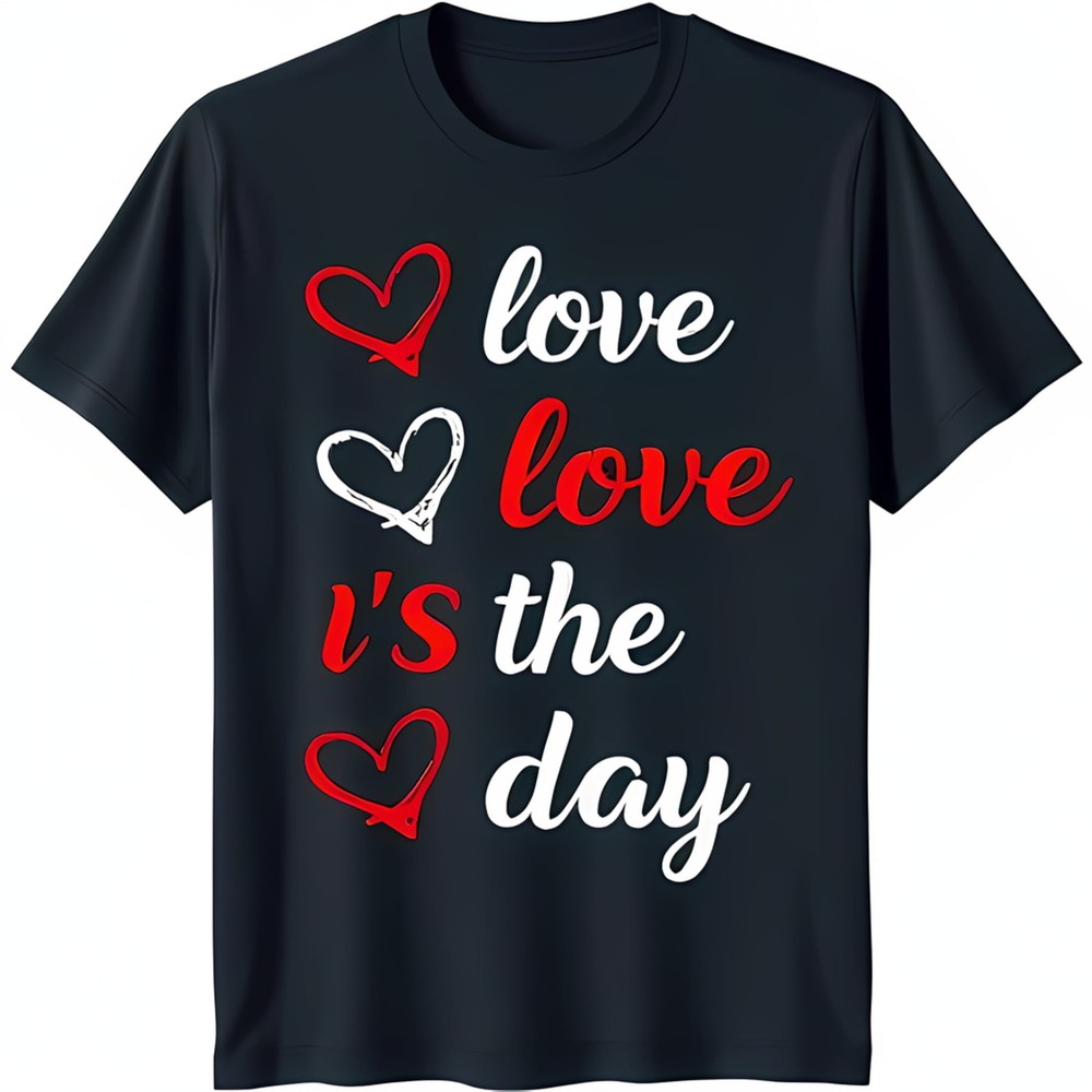 Stylish Black T-Shirt with Bold 'Love Love It's the Day' Graphic & Heart