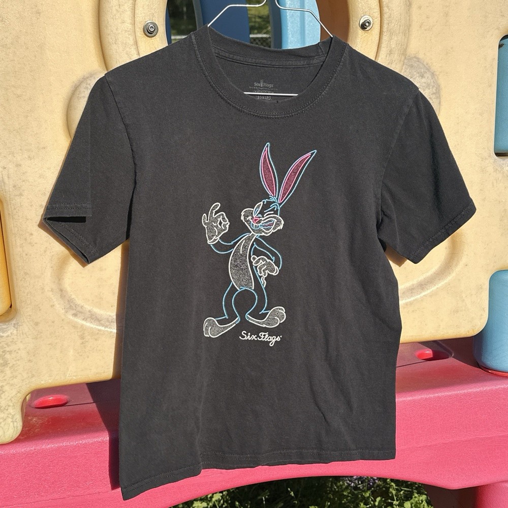 VTG Bugs Bunny Looney Tunes Six Flags T-Shirt Black Youth Size Large 100% Cotton