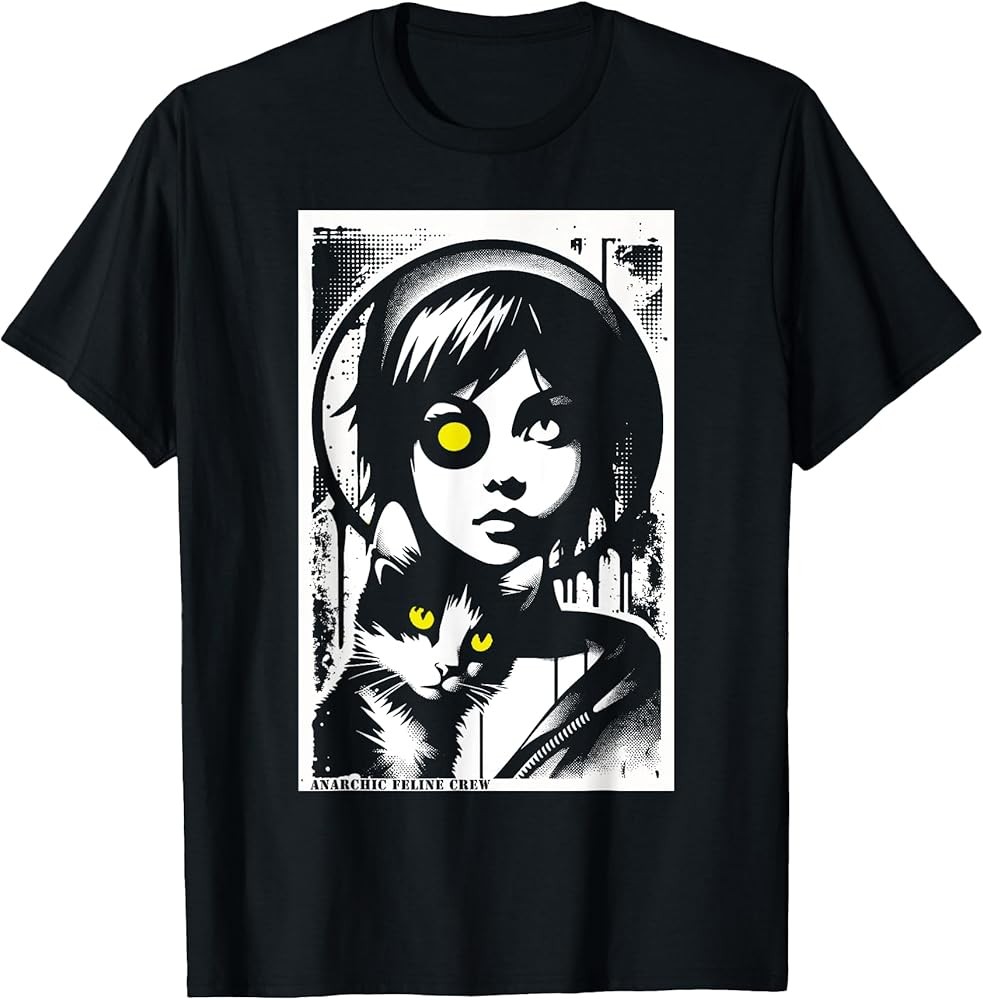 Punk Girl and Cat Graffiti Grunge 90s Distressed Vintage T-Shirt