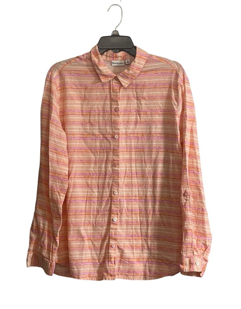 Kim Rogers XL Linen Blouse Button Up Shirt Roll Tab Coral Pink Preppy Spring