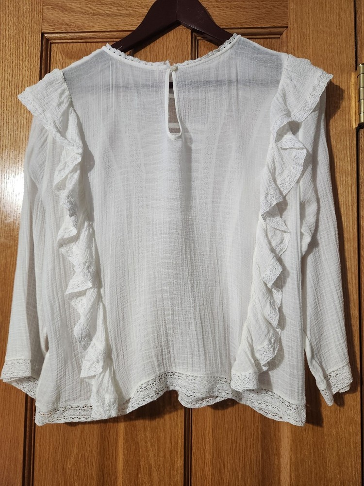 FREE PEOPLE Blouse Lace Womens White Boho Gauze Sz M Ruffle Romantic Feminine