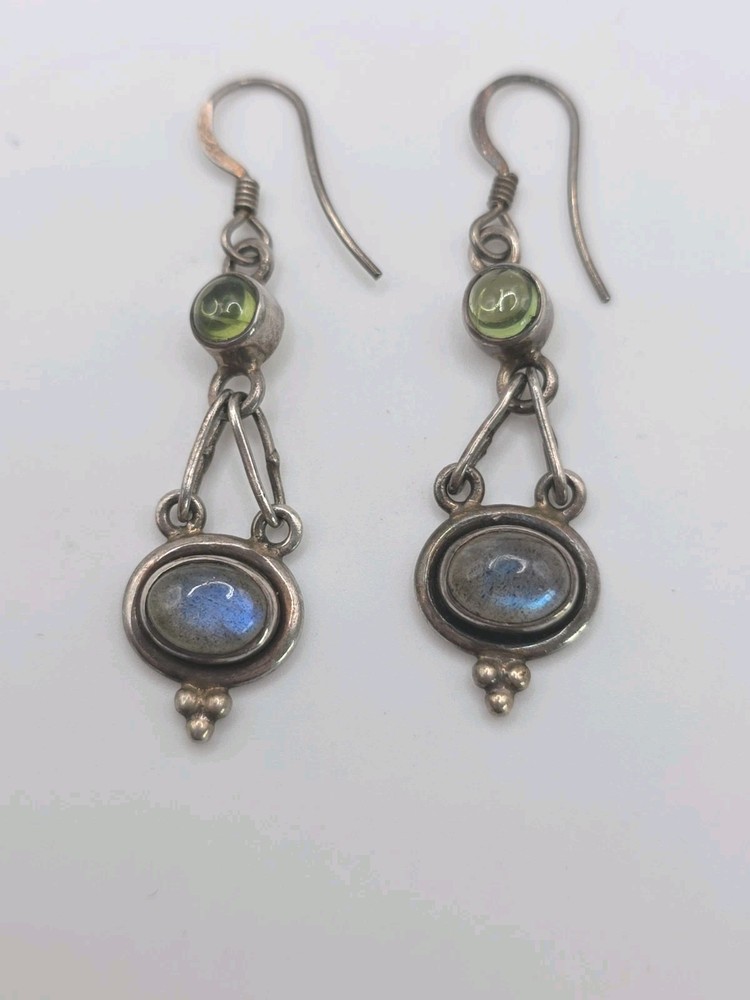 Vintage Sterling Silver 925 Labradorite Peridot Cabochon Dangle Earrings