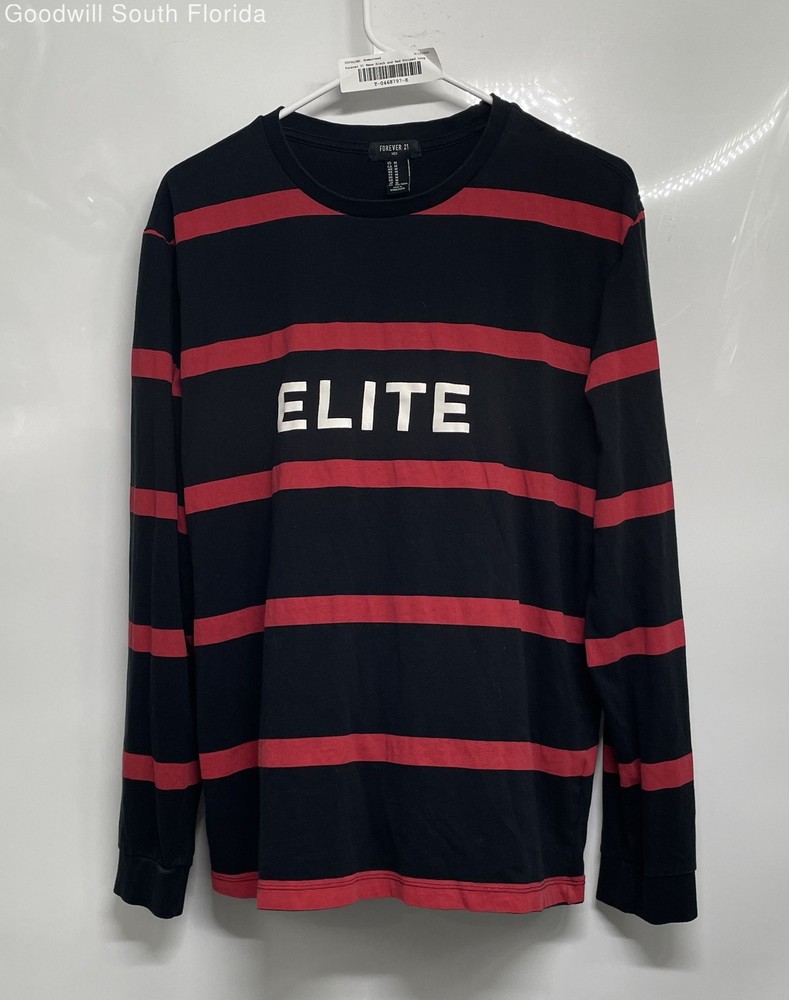 Forever 21 Mens Black Red Striped Cotton Long Sleeve Pullover T-Shirt Size M