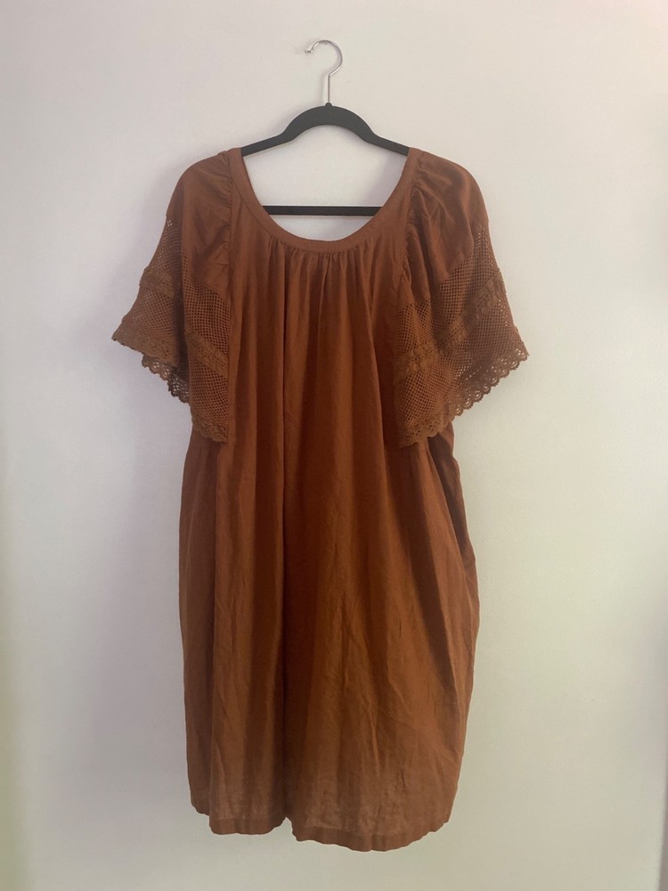 Old Navy Women's Brown Cotton Dress Crochet Flutter Sleeve & Pockets Size 2X