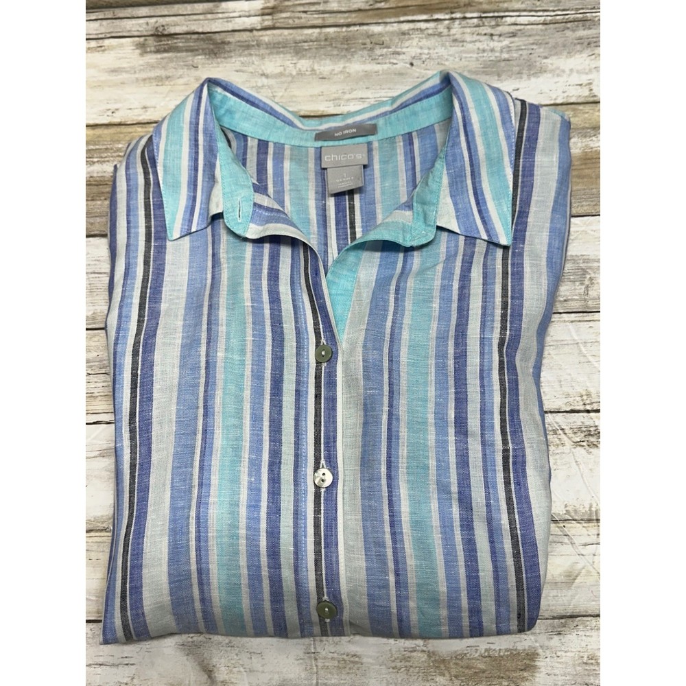 Chico's No Iron 100% Linen Striped Button Down Shirt  3/4 Sleeve Size 1(U.S.8)