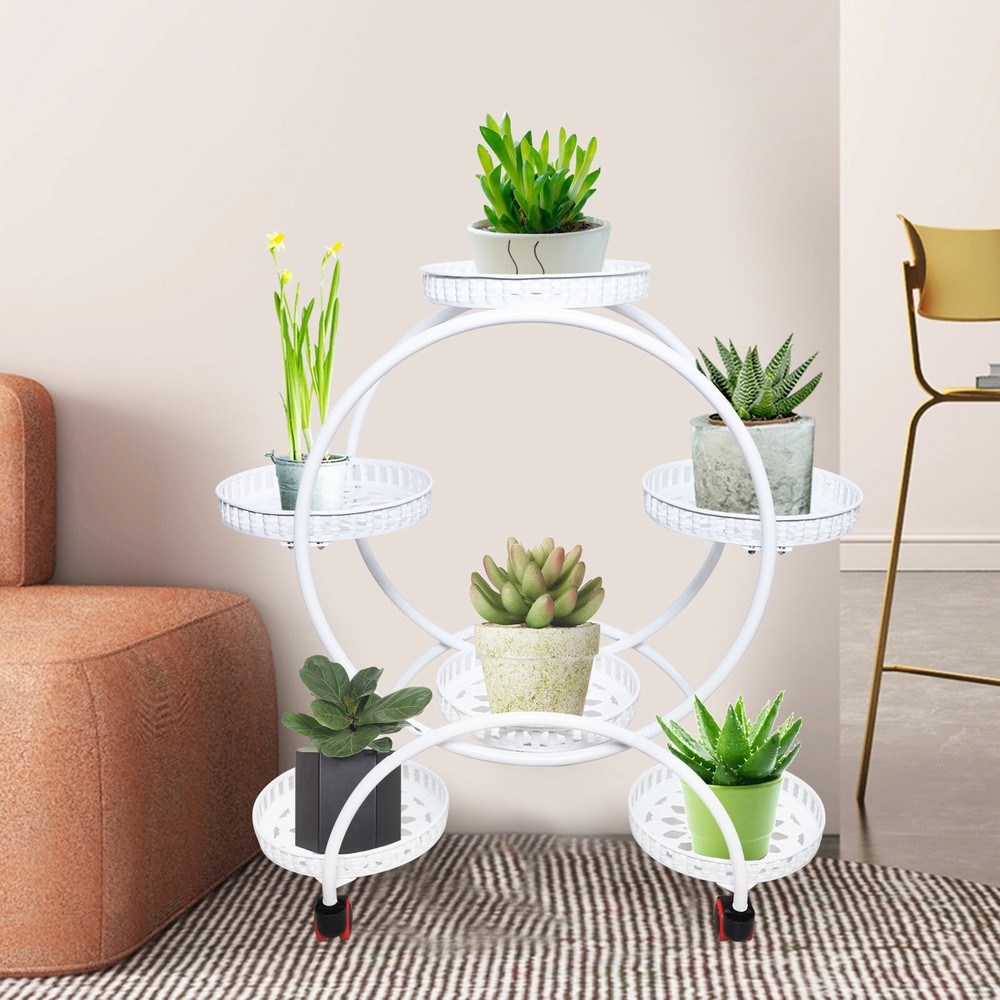 Indoor Metal Plant Stand Shelf Holder Flower Pot Rack +Wheels White USA