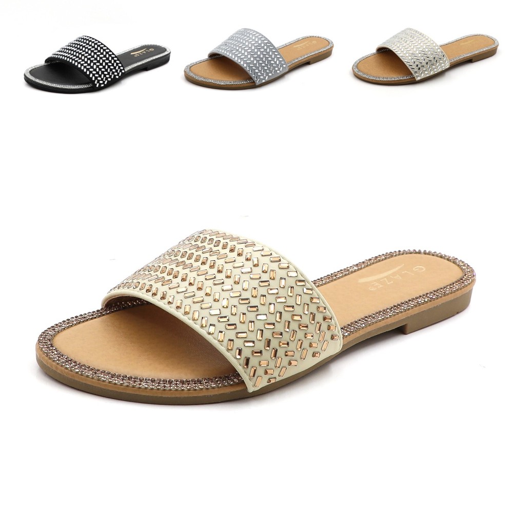 Glaze Womens Crystal Rhinestone Footbed Slide Sandals