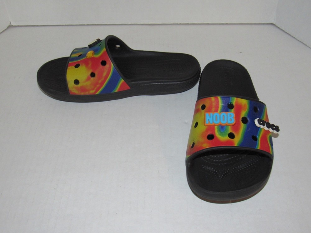 Crocs Classic Black Tie Dye Slides with Charms for Men Size 4 Women 6
