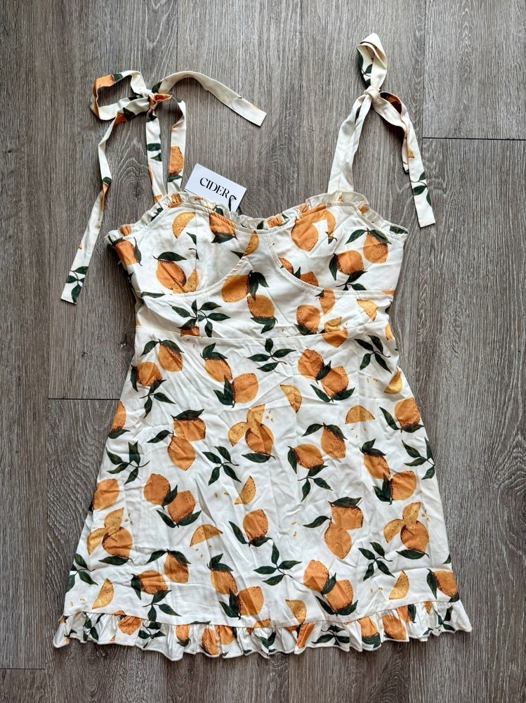 Cider Lemon Print Ruffle Hem Tie Shoulder Mini Dress L NWT
