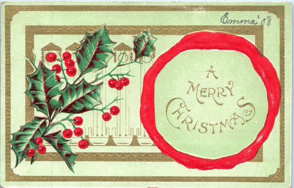 c1910s - Lovely Holly and Gold Border Embossed Christmas - Postcard - P13
