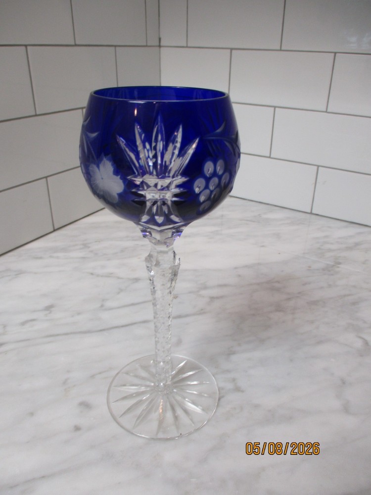 AJKA Cobalt MARTISA Hock Wine Goblet Glass Cut to Clear Grape Pattern Hungary