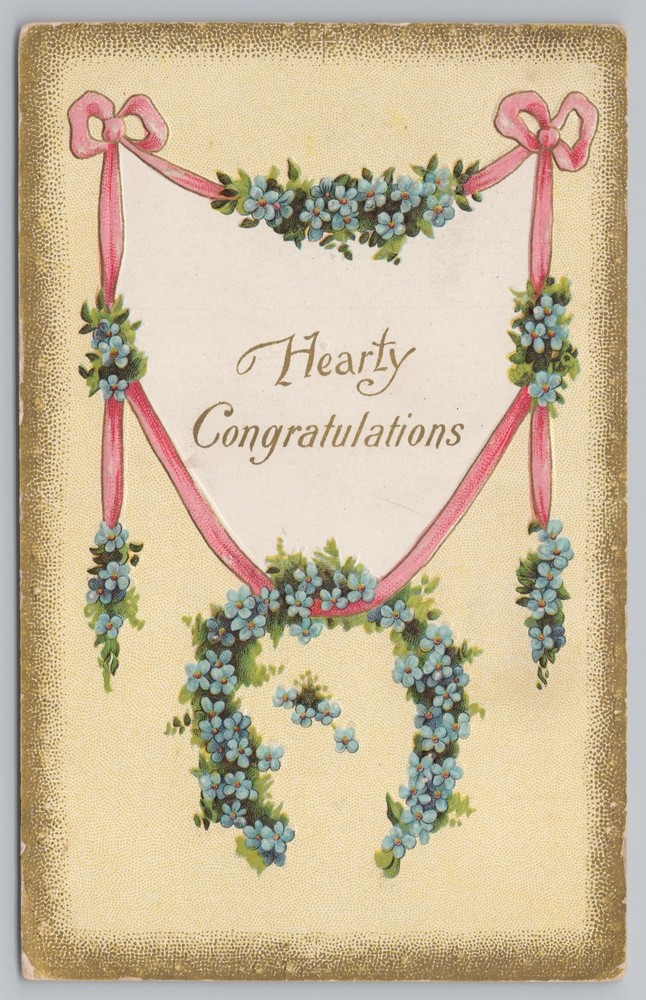 Greetings~Wreath of Blue Flowers Hearty Congrats~Vintage Postcard