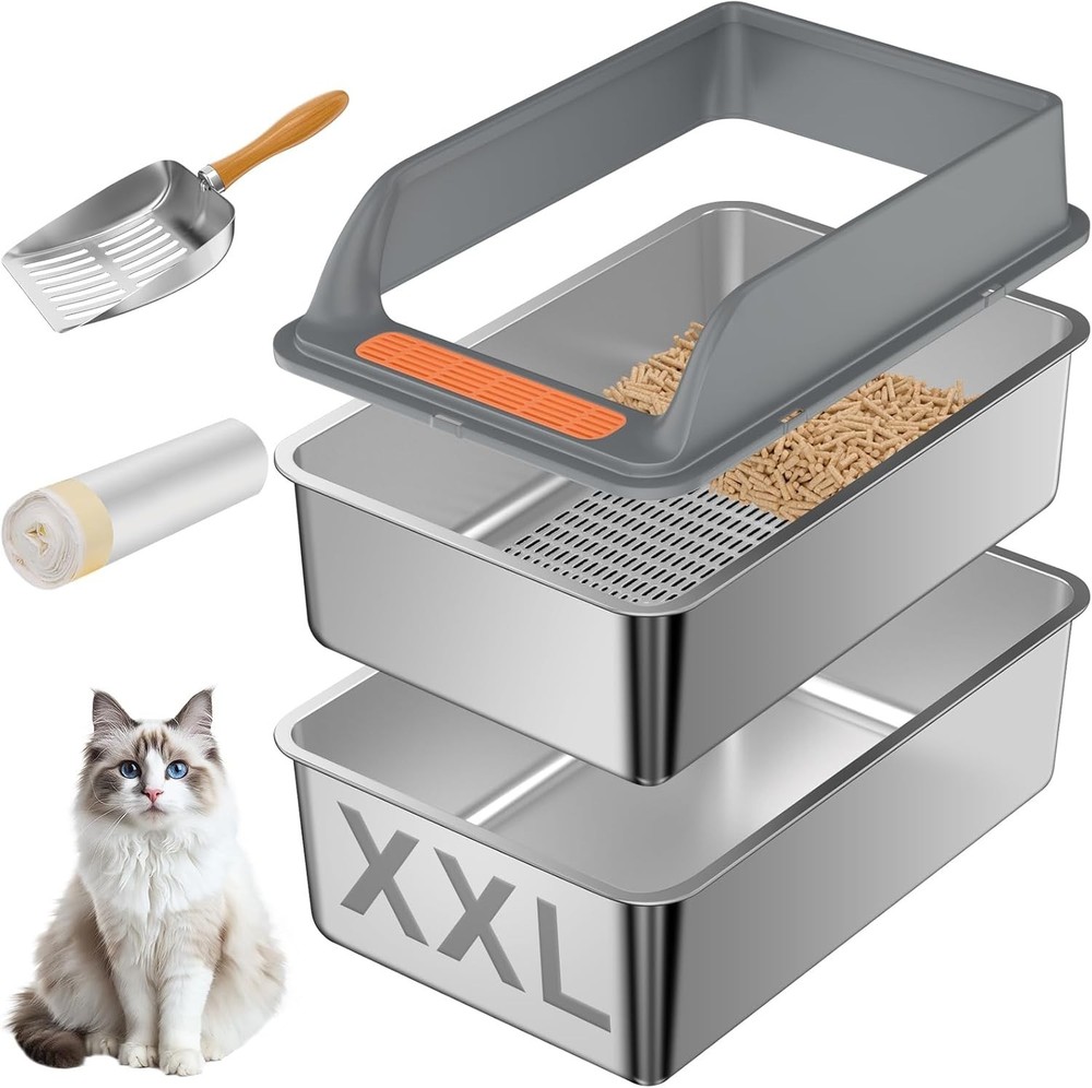 Stainless Steel Sifting Litter Box with Lid, XXL Extra Large Sifting Cat Litter