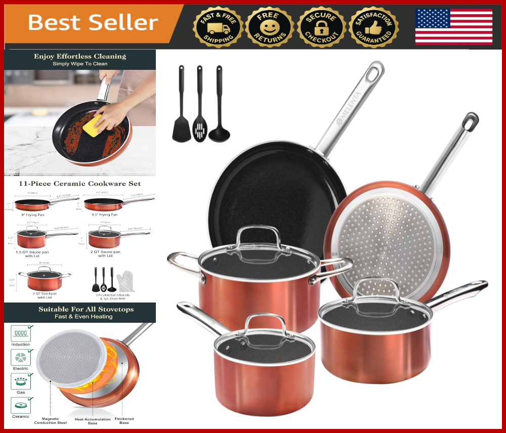11-Piece Nonstick Ceramic Cookware Set for Induction & Oven Safe Copper Pans