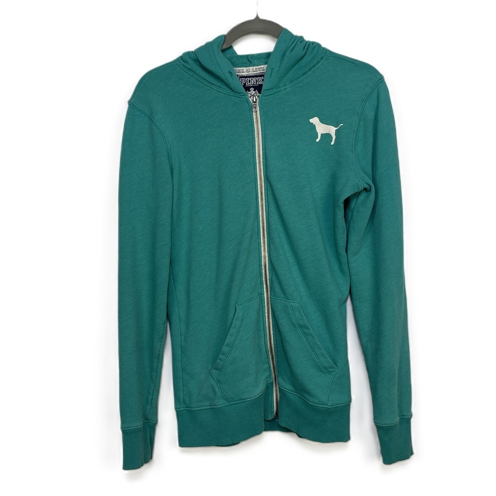 PINK XS Teal Full Zip Hoodie Y2K Style Dog Logo Victoria Secret