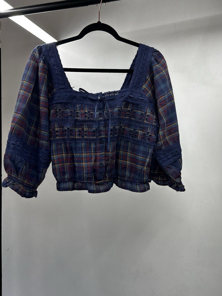 American Eagle Plaid Square Neck Button Up Cropped Long Sleeve Shirt Womens M