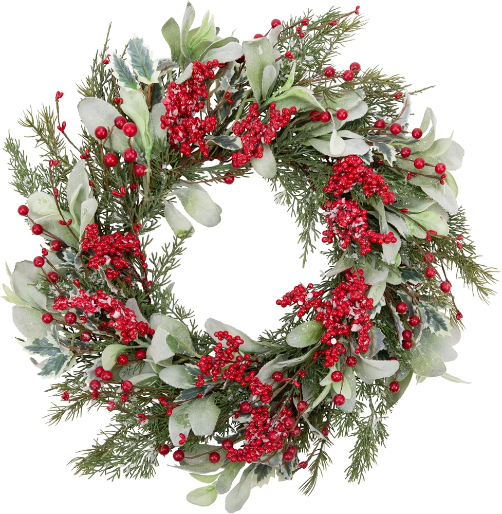 20 Inch Artificial Christmas Wreath Door Wreath with Lambs Ear Leaves Winter Wre