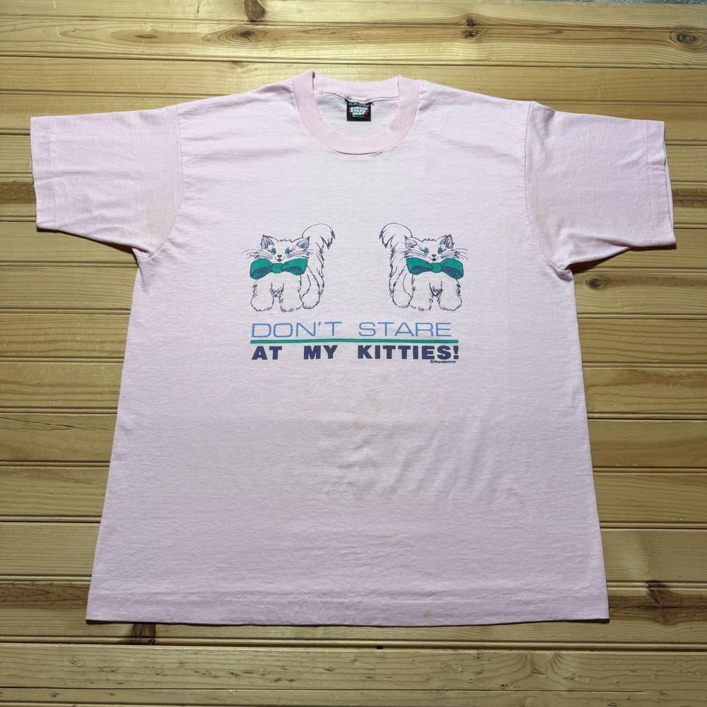 Vintage 80s Don't Stare At My Kitties Pets Single Stitch Graphic T-Shirt USA XL