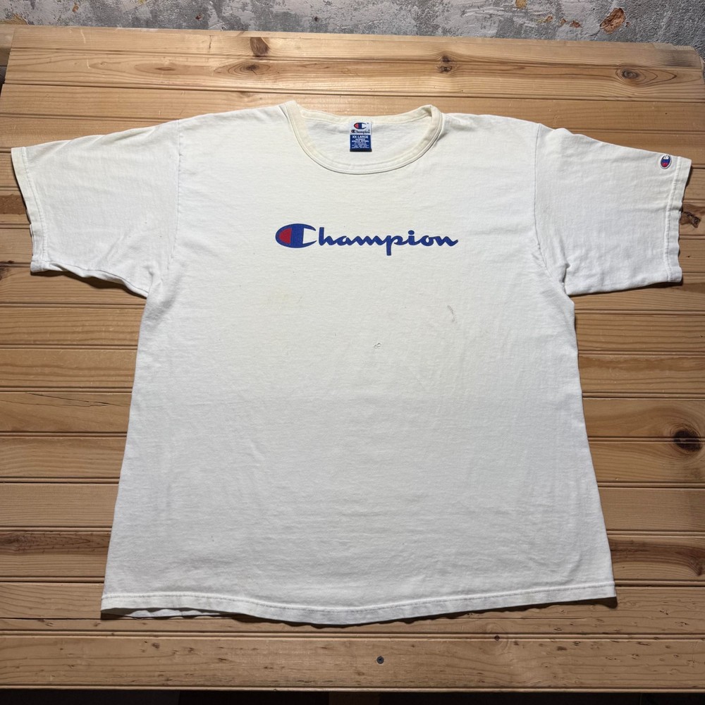 Vintage 90s Champion Script Embroidered Logo Graphic T-Shirt Men's Size XXL