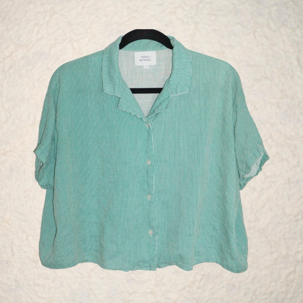 Things Between Green/White Striped Collared Short Sleeve Button-Up Shirt Size S