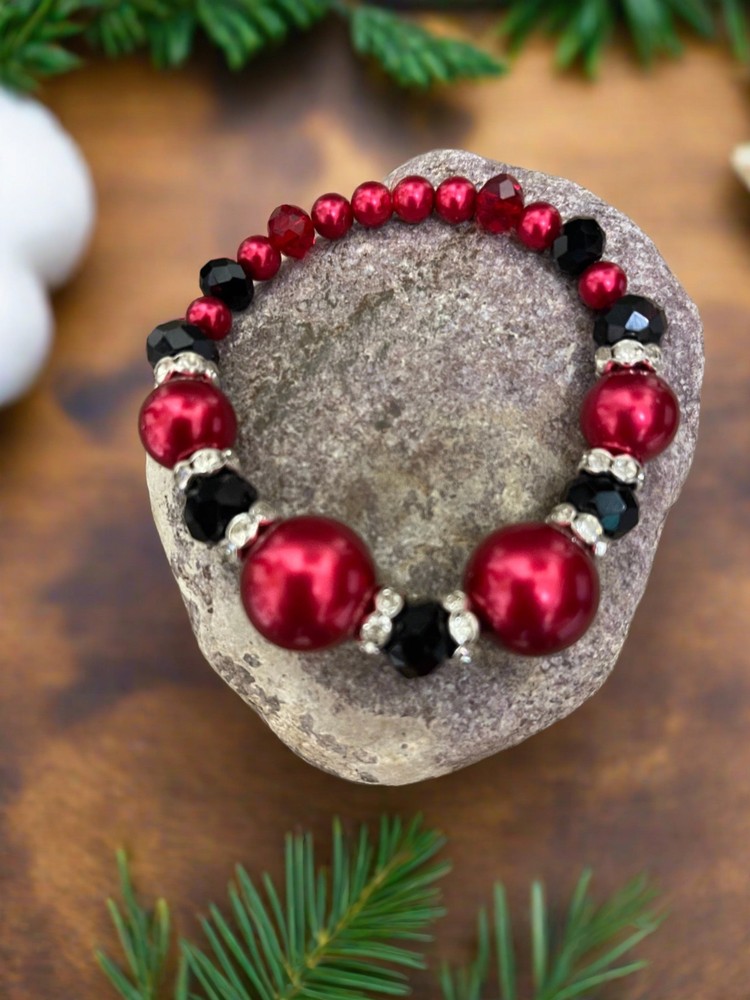 Red & Black Pearl, Crystal and Rhinestone Beaded Elastic/Stretch Bracelet