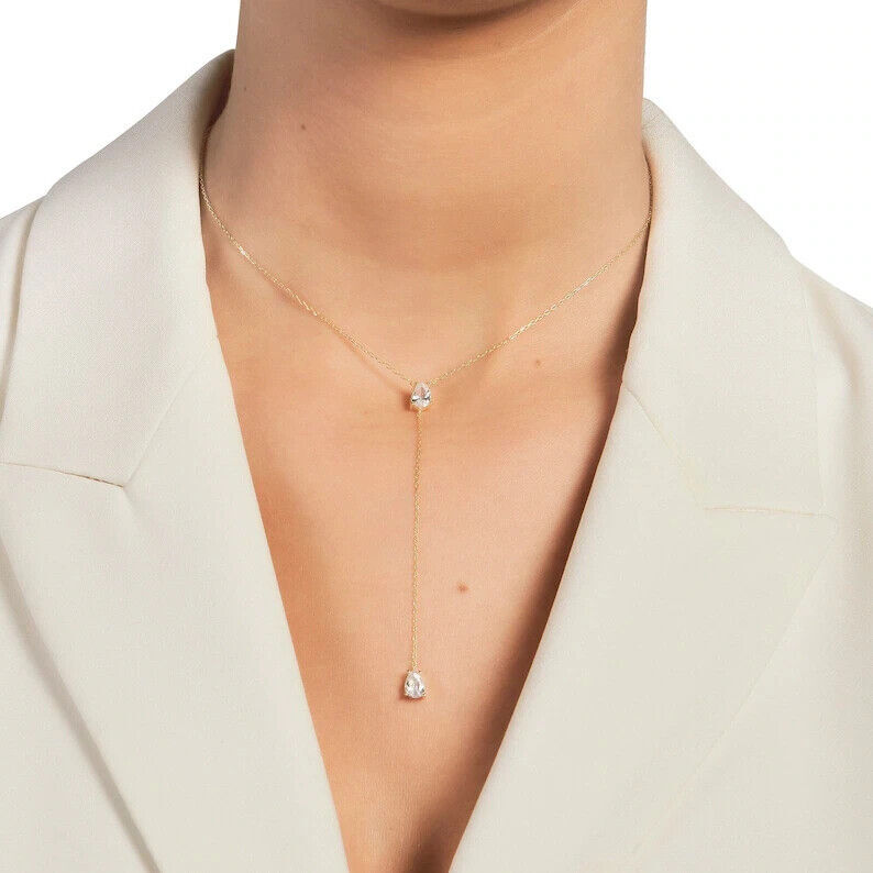1.30Ct Pear Cut Lab Diamond Lariat Necklace in 14K White Gold 16 Inch