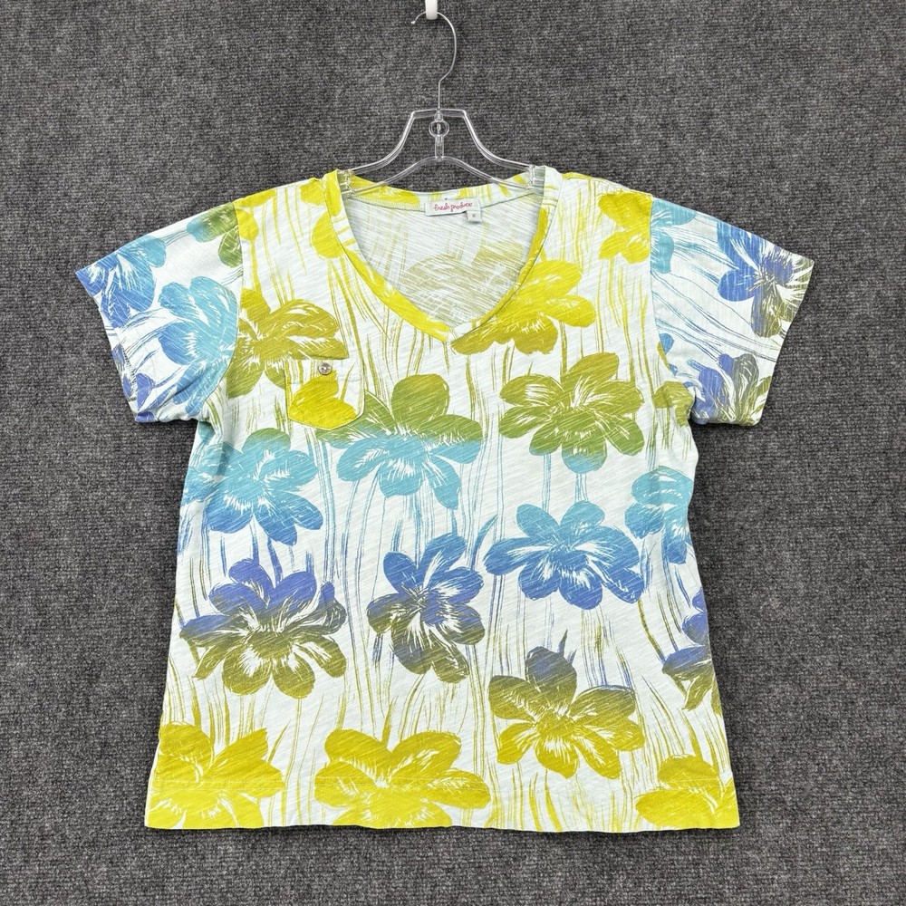 Fresh Produce Short Sleeve Tropical Floral T Shirt V Neck Women’s Large Cotton