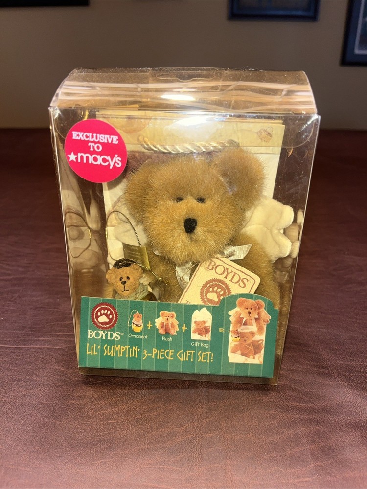 Boyds Bears Plush Lil’ Sumptin 3 Piece Gift Set- Ornament/Bag NIB 2007